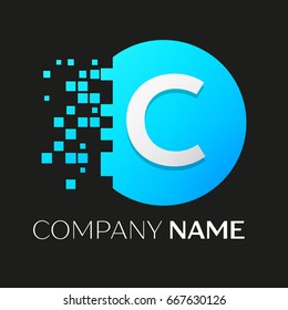 Realistic letter C vector logo symbol in the colorful circle with shattered blocks on black background. Pixel Motion. Vector template for your design