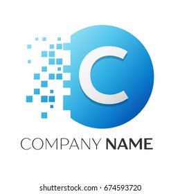 Realistic letter C vector logo symbol in the colorful circle with shattered blocks on white background. Vector template for your design