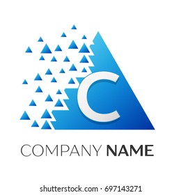 Realistic letter C vector logo symbol in the colorful triangle with shattered blocks on white background. Vector template for your design
