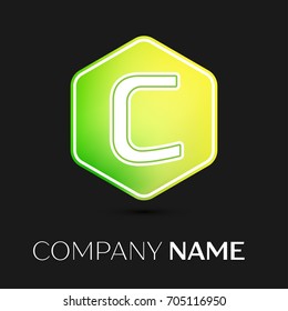 Realistic Letter C vector logo symbol in the colorful hexagonal on black background. Vector template for your design