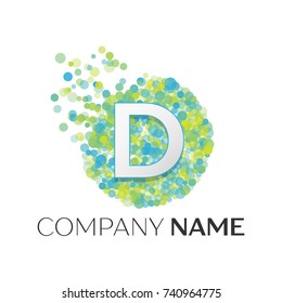 Realistic Letter D logo with blue, yellow, green particles and bubble dots in circle on white background. Vector template for your design