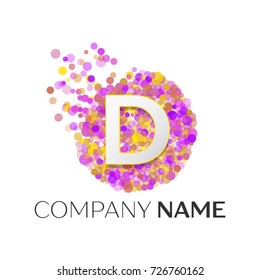 Realistic Letter D logo with red, purle, yellow particles and bubble dots in circle on white background. Vector template for your design
