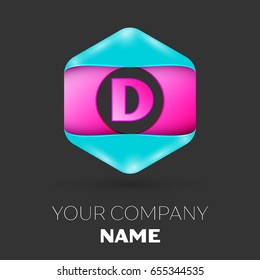 Realistic Letter D vector logo symbol in the colorful hexagonal on black background. Vector template for your design