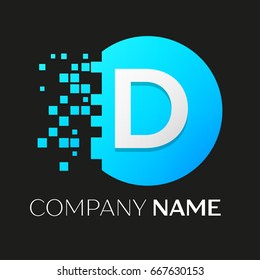 Realistic letter D vector logo symbol in the colorful circle with shattered blocks on black background. Pixel Motion. Vector template for your design