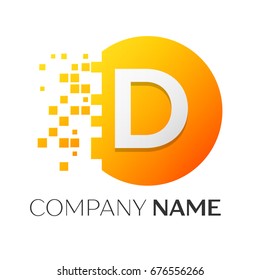 Realistic letter D vector logo symbol in the colorful circle with shattered blocks on white background. Pixel Motion. Vector template for your design