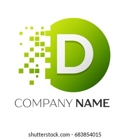 Realistic letter D vector logo symbol in the colorful circle with shattered blocks on white background. Pixel Motion. Vector template for your design