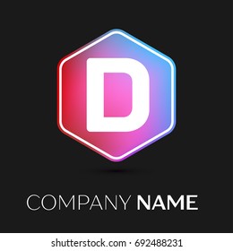 Realistic Letter D vector logo symbol in the colorful hexagonal on black background. Vector template for your design