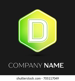 Realistic Letter D vector logo symbol in the colorful hexagonal on black background. Vector template for your design