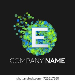 Realistic Letter E logo with blue, purple, pink particles and bubble dots in circle on black background. Vector template for your design