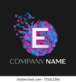 Realistic Letter E logo with blue, purple, pink particles and bubble dots in circle on black background. Vector template for your design