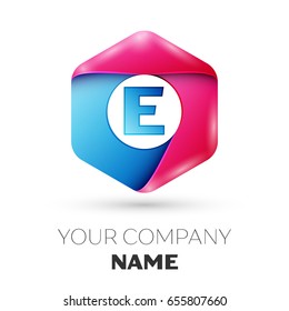 Realistic letter E vector logo symbol in the colorful hexagonal on white background. Vector template for your design