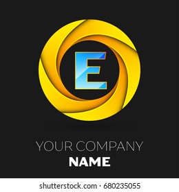 Realistic Letter E vector logo symbol in the colorful circle on black background. Vector template for your design