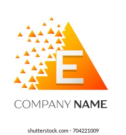 Realistic letter E vector logo symbol in the colorful triangle with shattered blocks on white background. Vector template for your design