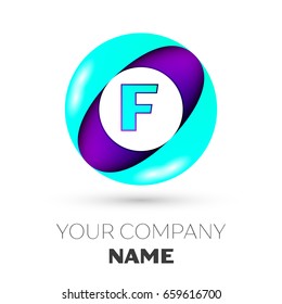 Realistic Letter F vector logo symbol in the colorful circle on white background. Vector template for your design
