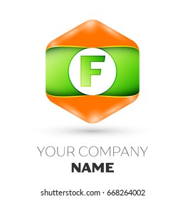 Realistic Letter F vector logo symbol in the colorful hexagonal on white background. Vector template for your design