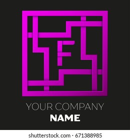 Realistic Letter F vector logo symbol in the colorful square maze on black background. Shadow Breaks. Vector template for your design