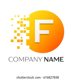 Realistic letter F vector logo symbol in the colorful circle with shattered blocks on white background. Pixel Motion. Vector template for your design