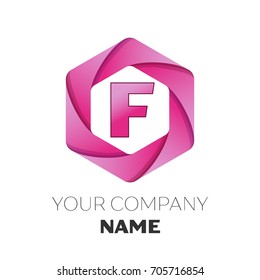 Realistic Letter F vector logo symbol in the colorful hexagonal on white background. Vector template for your design
