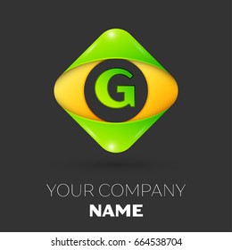 Realistic Letter G vector logo symbol in the colorful rhombus on black background. Vector template for your design
