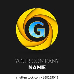 Realistic Letter G vector logo symbol in the colorful circle on black background. Vector template for your design