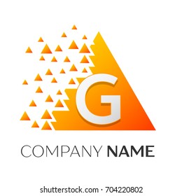 Realistic letter G vector logo symbol in the colorful triangle with shattered blocks on white background. Vector template for your design