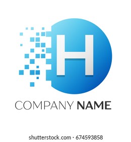 Realistic letter H vector logo symbol in the colorful circle with shattered blocks on white background. Vector template for your design