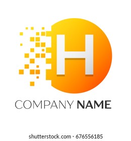 Realistic letter H vector logo symbol in the colorful circle with shattered blocks on white background. Pixel Motion. Vector template for your design