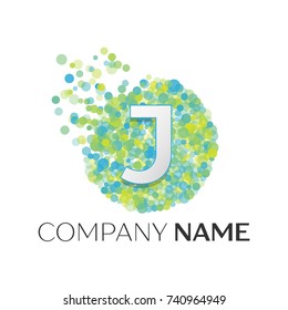 Realistic Letter J logo with blue, yellow, green particles and bubble dots in circle on white background. Vector template for your design