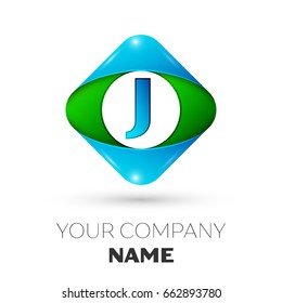 Realistic Letter J vector logo symbol in the colorful rhombus on white background. Vector template for your design