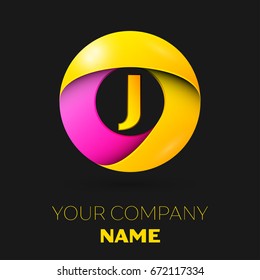 Realistic letter J vector logo symbol in the colorful circle on black background. Vector template for your design