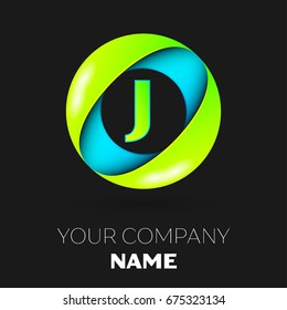 Realistic Letter J vector logo symbol in the colorful circle on black background. Vector template for your design