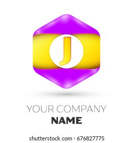 Realistic Letter J vector logo symbol in the colorful hexagonal on white background. Vector template for your design