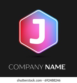 Realistic Letter J vector logo symbol in the colorful hexagonal on black background. Vector template for your design