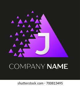 Realistic letter J vector logo symbol in the colorful triangle with shattered blocks on black background. Vector template for your design