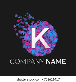 Realistic Letter K logo with blue, purple, pink particles and bubble dots in circle on black background. Vector template for your design