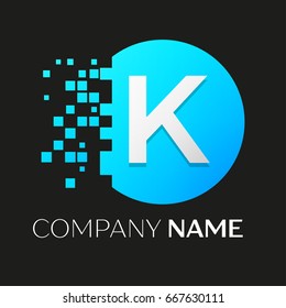 Realistic letter K vector logo symbol in the colorful circle with shattered blocks on black background. Pixel Motion. Vector template for your design