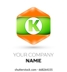 Realistic Letter K vector logo symbol in the colorful hexagonal on white background. Vector template for your design