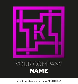 Realistic Letter K vector logo symbol in the colorful square maze on black background. Shadow Breaks. Vector template for your design