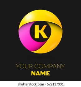 Realistic letter K vector logo symbol in the colorful circle on black background. Vector template for your design