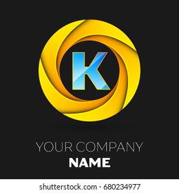 Realistic Letter K vector logo symbol in the colorful circle on black background. Vector template for your design
