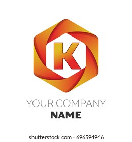 Realistic Letter K vector logo symbol in the colorful hexagonal on white background. Vector template for your design