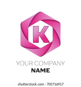 Realistic Letter K vector logo symbol in the colorful hexagonal on white background. Vector template for your design