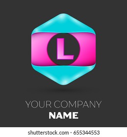 Realistic Letter L vector logo symbol in the colorful hexagonal on black background. Vector template for your design