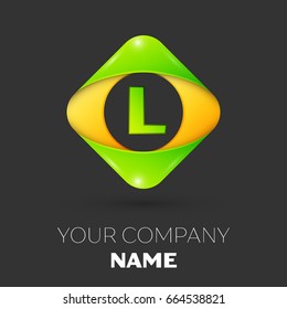 Realistic Letter L vector logo symbol in the colorful rhombus on black background. Vector template for your design