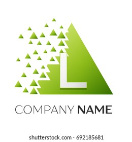 Realistic letter L vector logo symbol in the colorful triangle with shattered blocks on white background. Vector template for your design