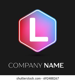Realistic Letter L vector logo symbol in the colorful hexagonal on black background. Vector template for your design