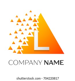 Realistic letter L vector logo symbol in the colorful triangle with shattered blocks on white background. Vector template for your design