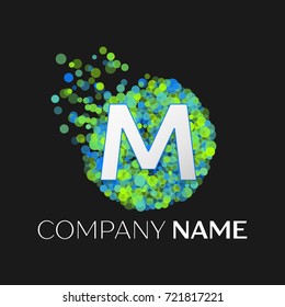 Realistic Letter M logo with blue, purple, pink particles and bubble dots in circle on black background. Vector template for your design