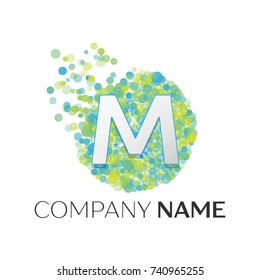 Realistic Letter M logo with blue, yellow, green particles and bubble dots in circle on white background. Vector template for your design