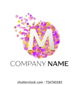 Realistic Letter M logo with red, purle, yellow particles and bubble dots in circle on white background. Vector template for your design